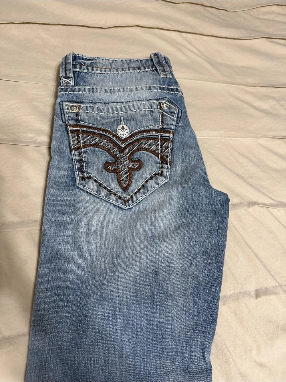 Rock Revival Light Blue Boot Cut Jeans with Brown Embroidery